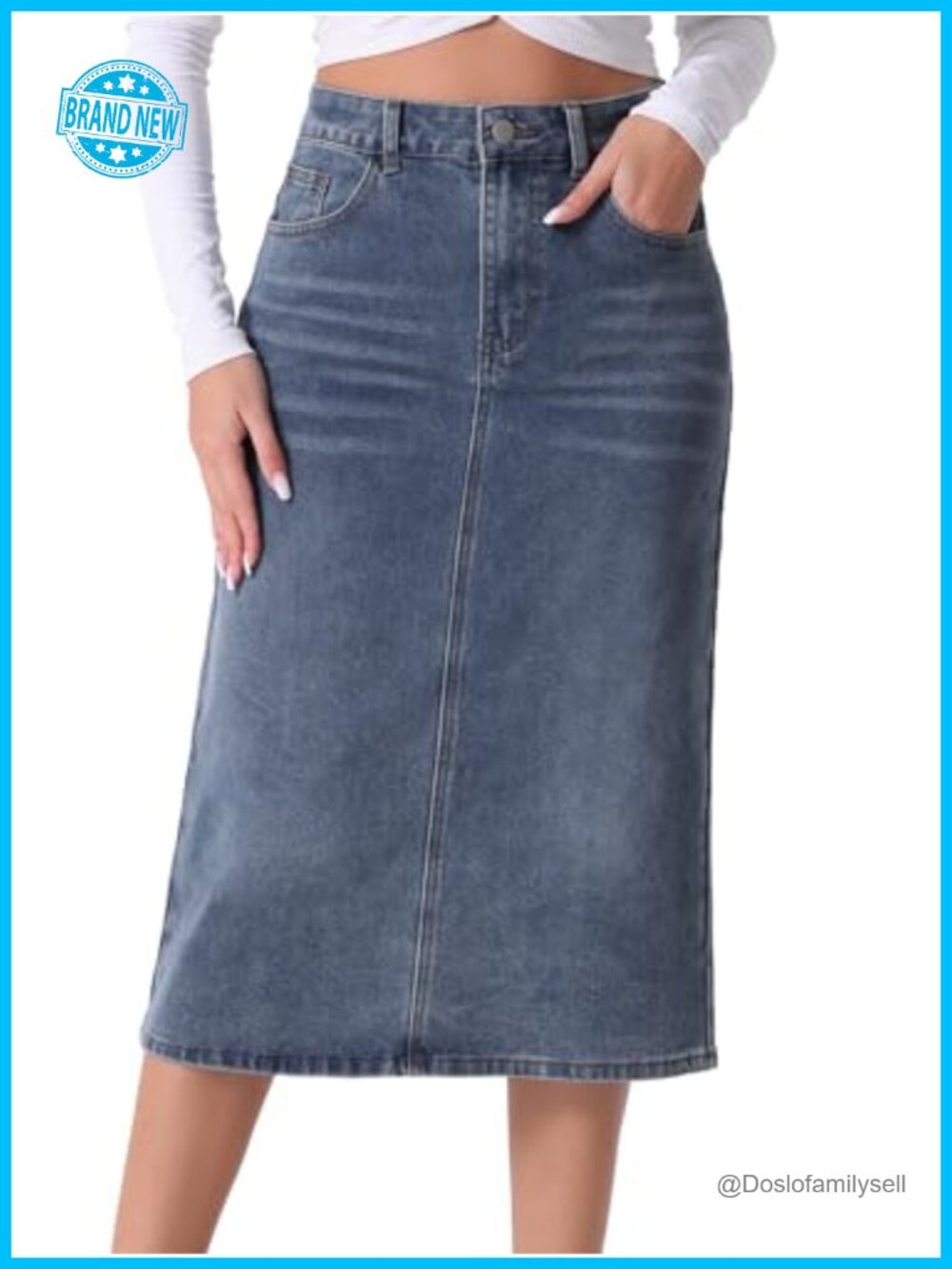 High Waist Denim Midi Pencil Skirt Women's Back Split Jean Skirt